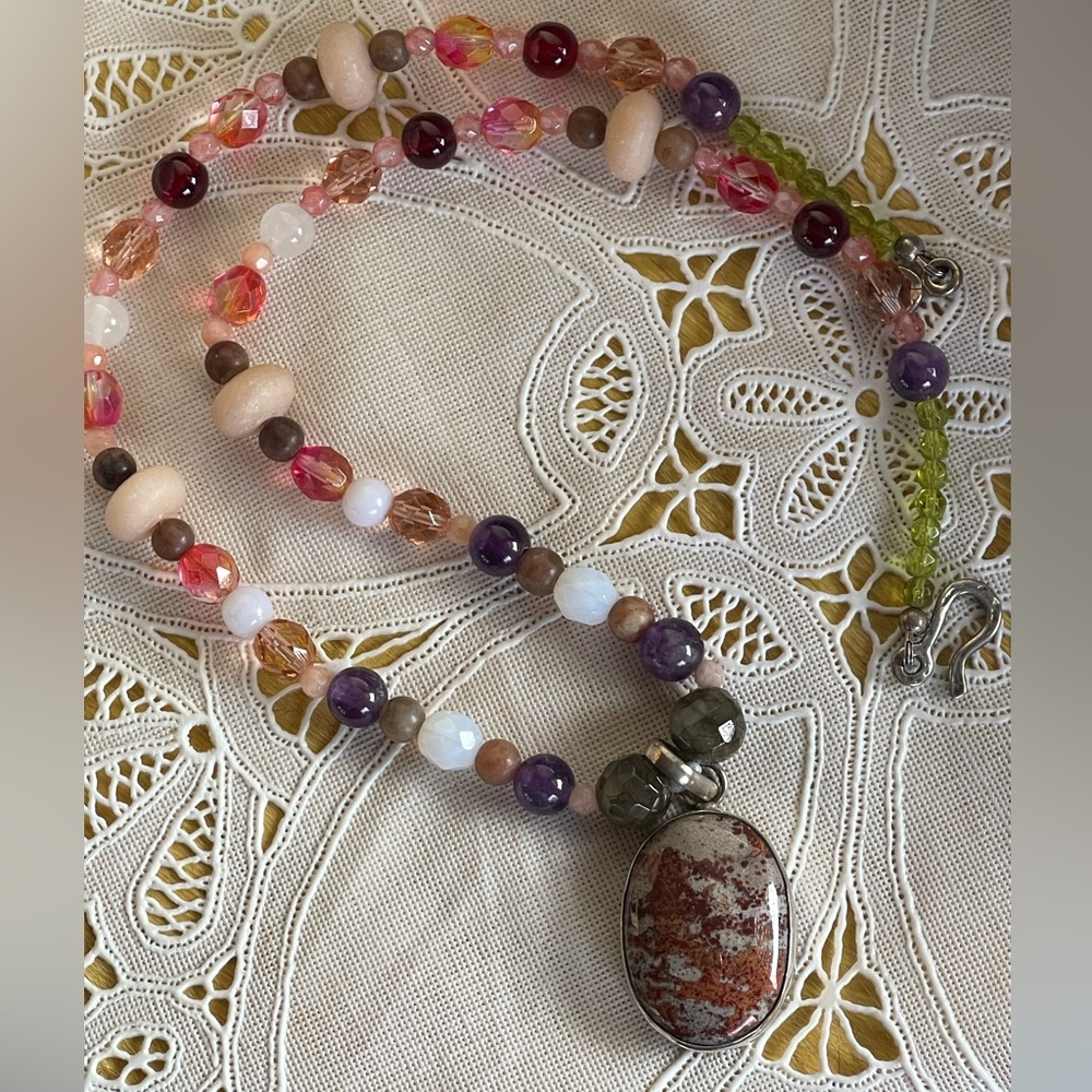 Vintage 925 jasper with glass bead necklace